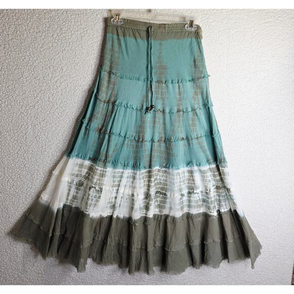 Tiedyed SzSm Tiered Vintage maxi Skirts. A line. Elastic waist. Boho. Romantic. - Picture 1 of 13